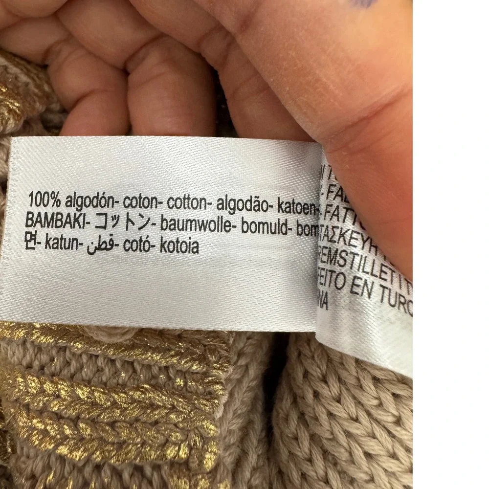 Zara Metallic Gold Knit‎ Sweater Distressed Cropped boho Chunky ribbed Y2K sz S